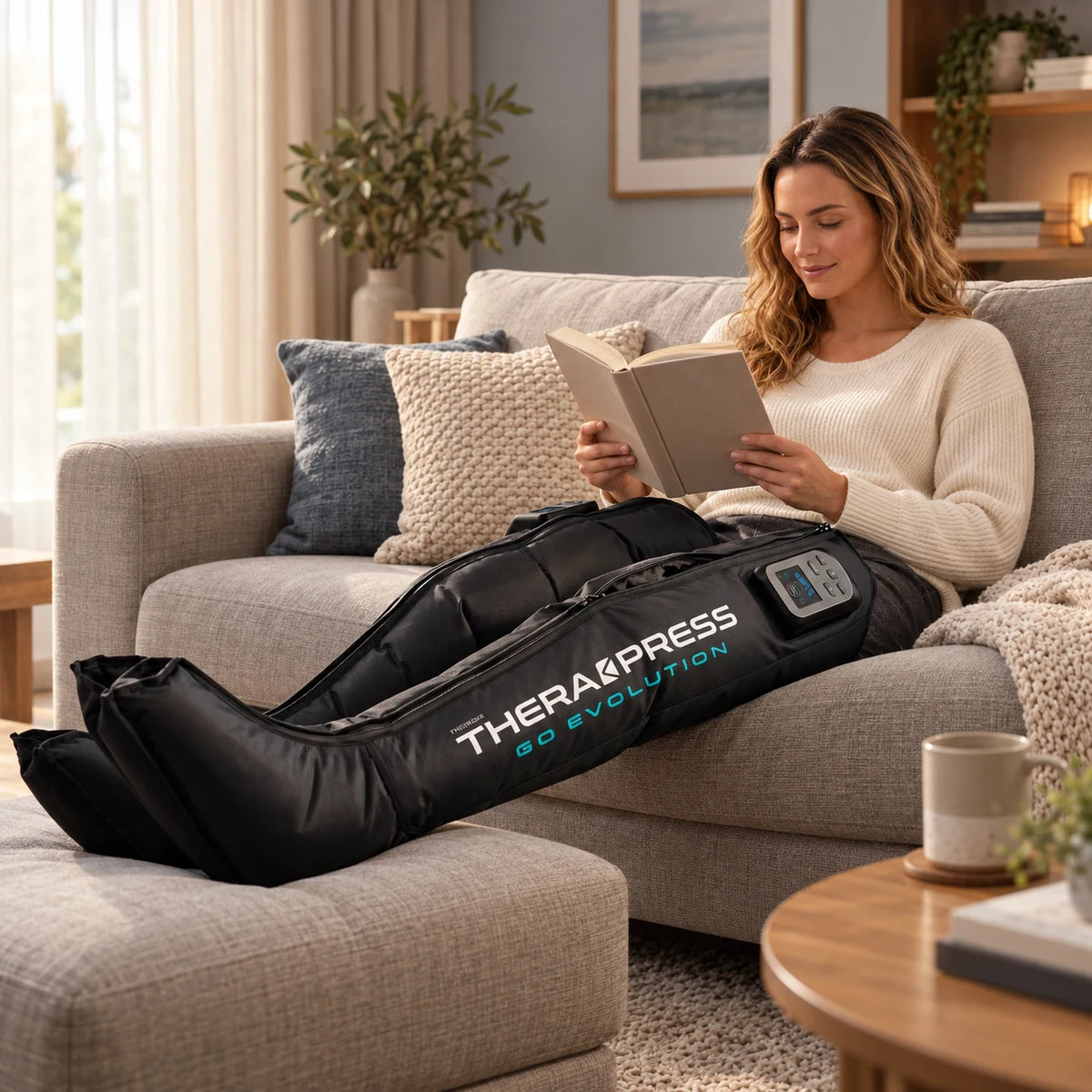 Mujer leyendo en un sofá con las botas Therapress GO Evolution